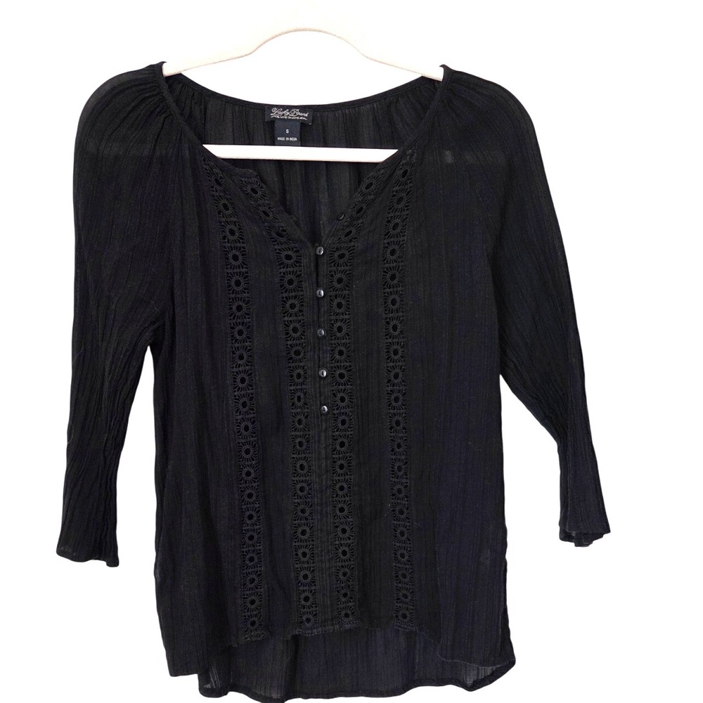 Lucky Brand Womens Top Small Black 3/4 Sleeve Button Front Eyelet Blouse Flaw